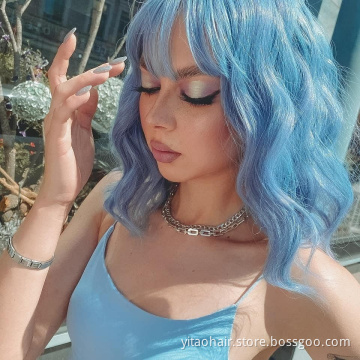 Short Natural Wave Light Blue  Water Wave Synthetic Wig For Women With Flat Bangs with factory price fiber wig synthetic hair